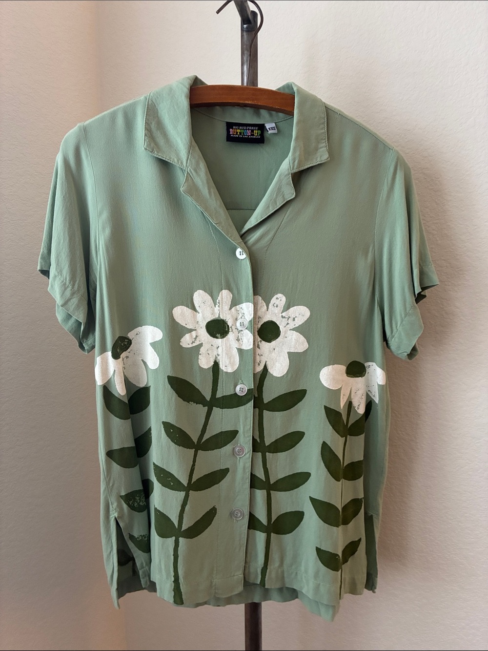 Big Bud Press Button Up Short Sleeve sz XXS Green Bold Floral Quirky Eclectic